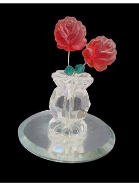 Crystal Vase With Red Roses & Green Leaves On Round Mirror Base 1.5" tall